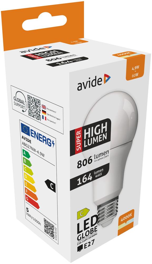 LED žárovka E27 4,9W 4000K s vysokou účinností 164lm/W