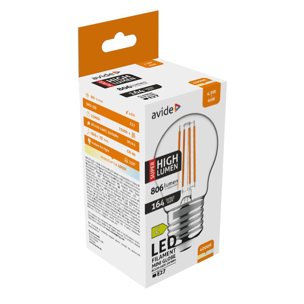 LED Žárovka E27 4,9W mini 4000K vlákno s vysokou účinností 164lm/W